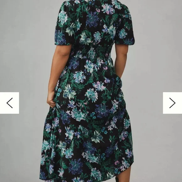 Anthropologie THE KATERINA BUTTON-FRONT DRESS - Black, Green, and Purple Floral - Picture 6 of 8